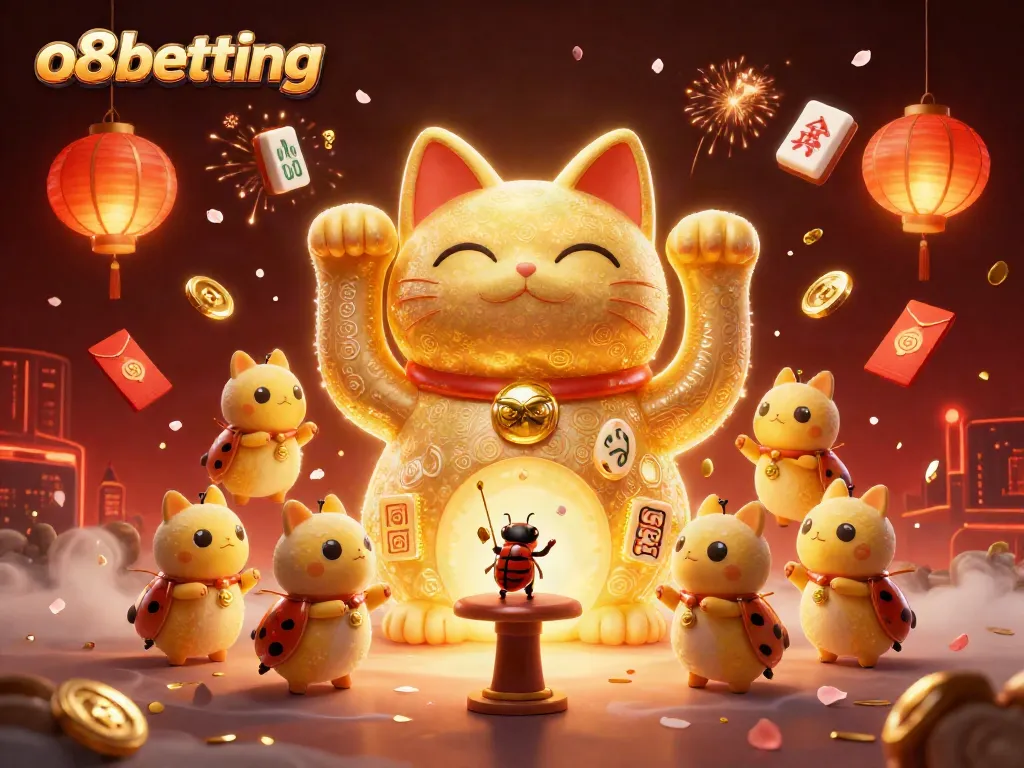 Experience winning thrills at o8betting with a 3D lucky cat and vibrant casino symbols