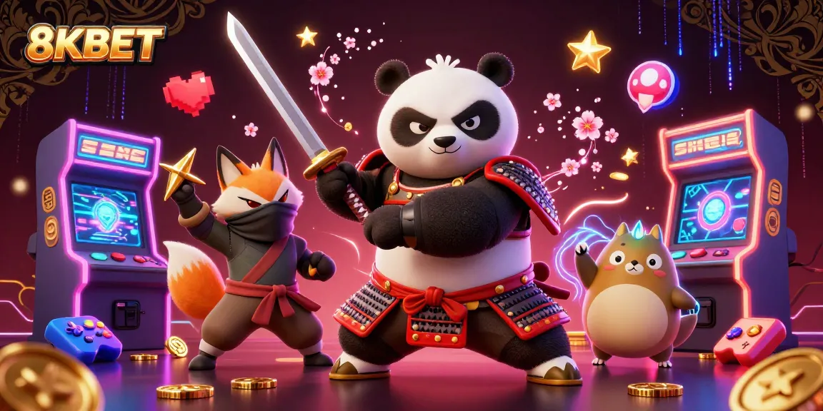 Experience thrilling games at 8KBET with our dynamic 3D illustration featuring a samurai panda and ninja fox.