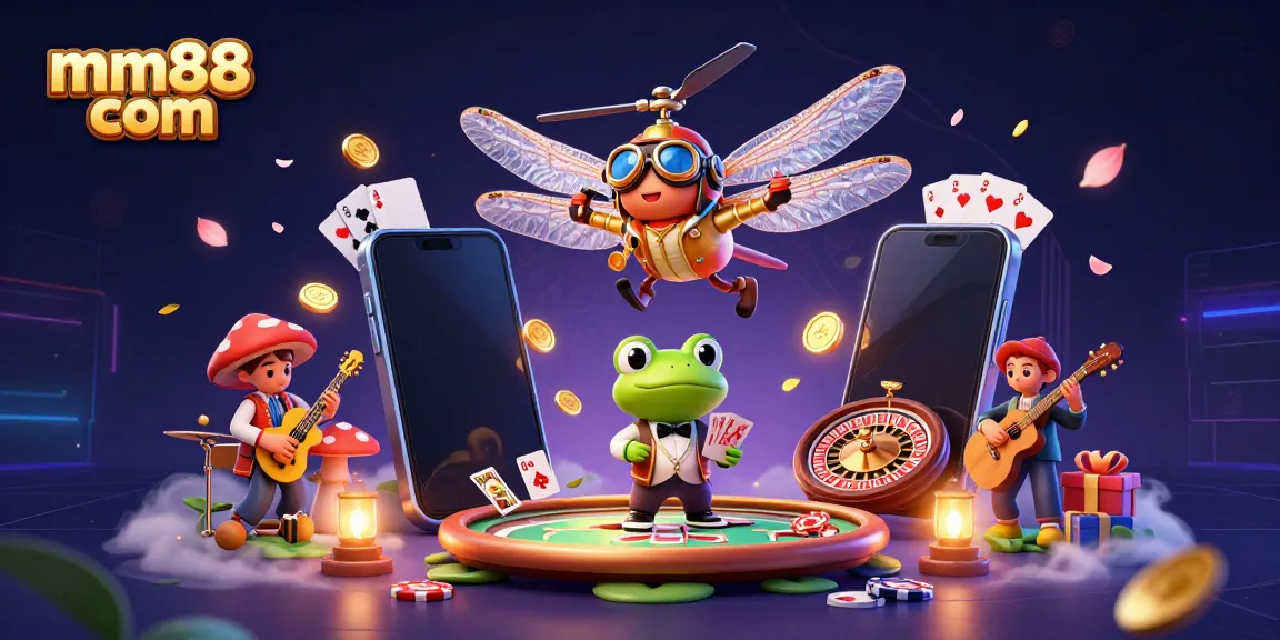 Experience dynamic gaming action at mm88 com, where a dragonfly pilot hovers over a lily pad casino with jazz-playing frogs.