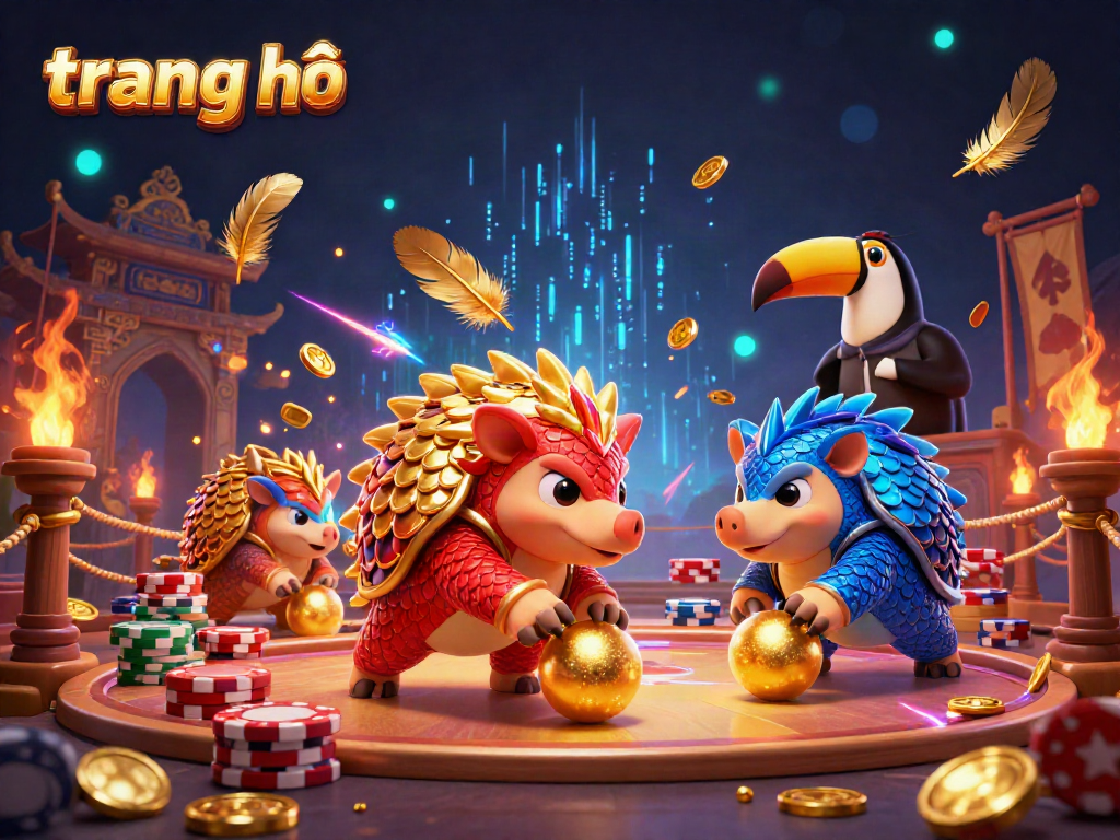 Cute pangolins in armor compete in a casino arena while rolling golden balls, showcasing the excitement of trang chủ.
