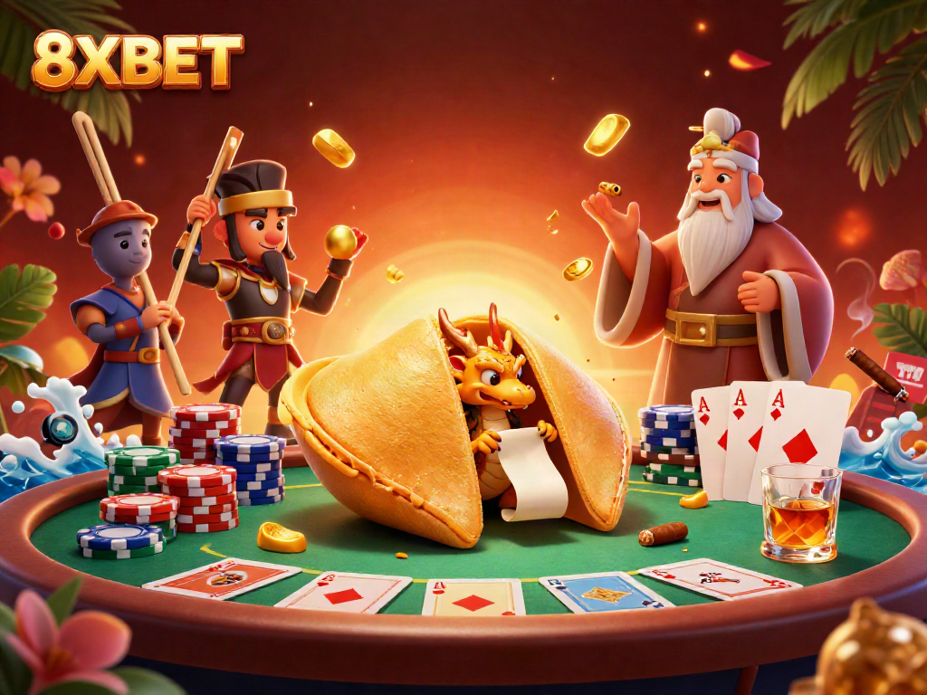 Engage with 8XBET through a vibrant scene featuring gaming elements and iconic characters.