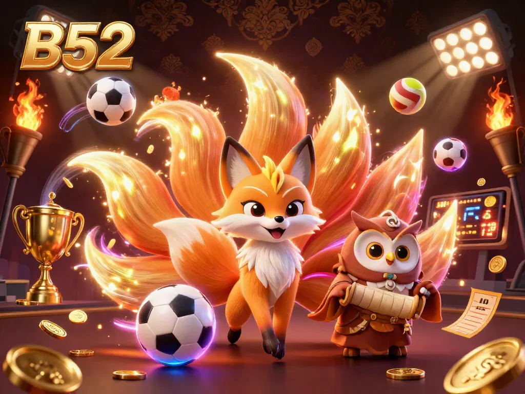 B52 enhances sports betting vibes with a vibrant nine-tailed fox, wise owl, and lively sports elements.