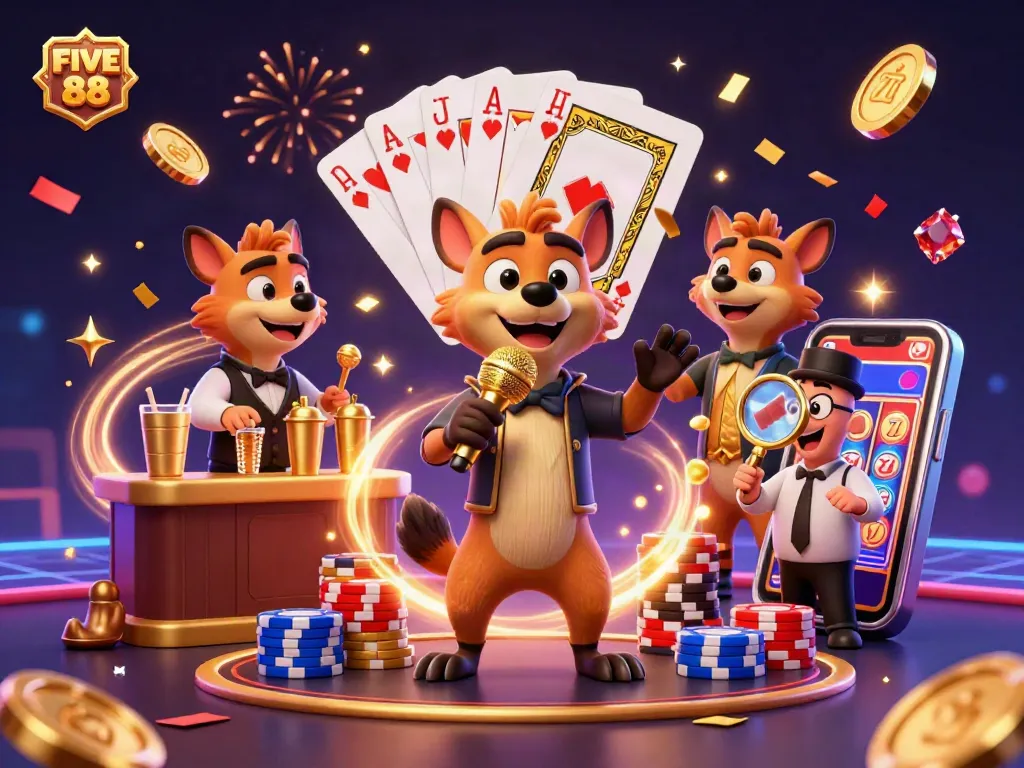 Celebrate with FIVE 88 at a colorful casino scene filled with jackpots and laughter.