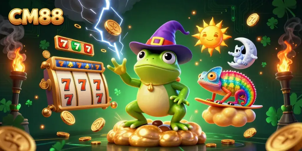 CM88 showcases a vibrant 3D casino scene with golden coins and dynamic game elements.