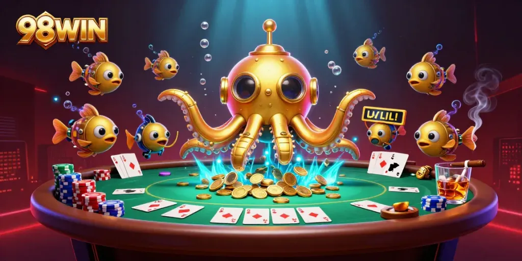 Spin to win at 98WIN with vibrant casino elements and golden kraken submarine illustration.