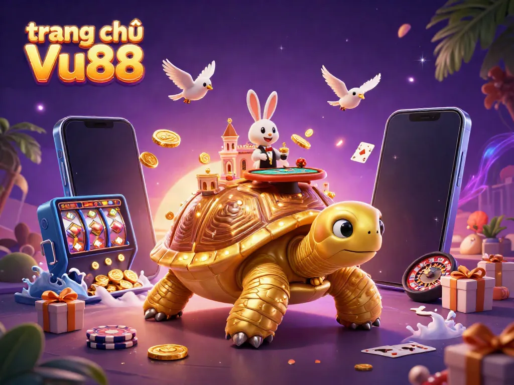 Experience captivating action at trang chủ Vu88 with a golden tortoise casino, animated dealer, and vibrant slot games.