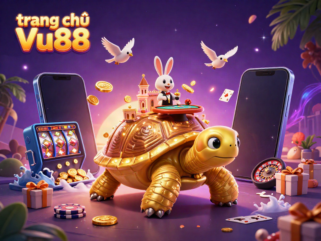 Experience captivating action at trang chủ Vu88 with a golden tortoise casino, animated dealer, and vibrant slot games.