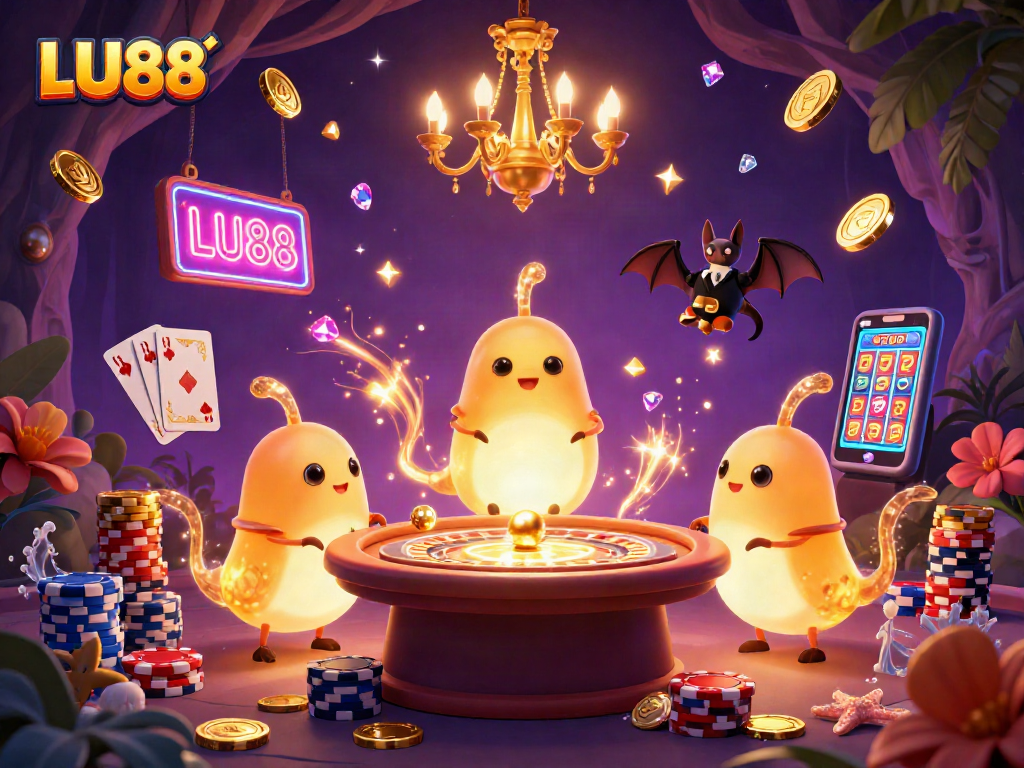 LU88 shines in a vibrant cave casino with glowing creatures and cascading treasures