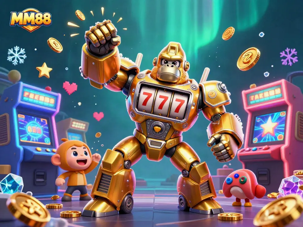 Engage in exciting MM88 gaming with a dynamic golden gorilla mech, slot machines, and vibrant arcade elements.