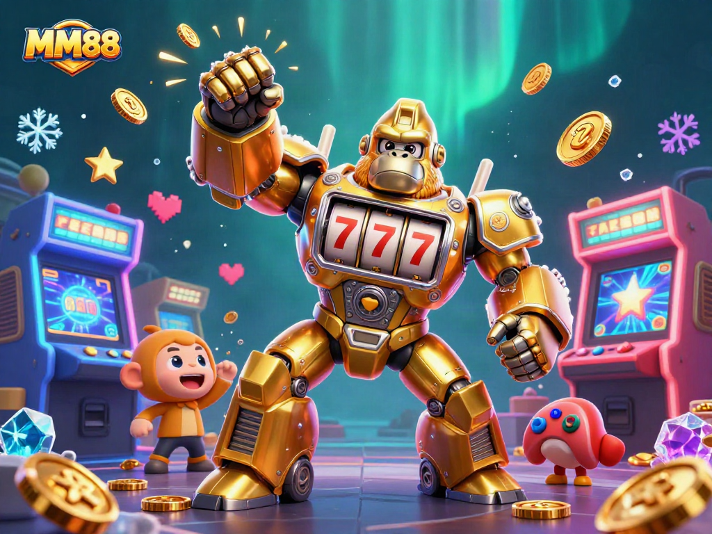 Engage in exciting MM88 gaming with a dynamic golden gorilla mech, slot machines, and vibrant arcade elements.