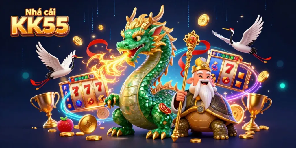 Engage with Nhà cái KK55's dynamic casino scene featuring a jade dragon and lucky symbols.