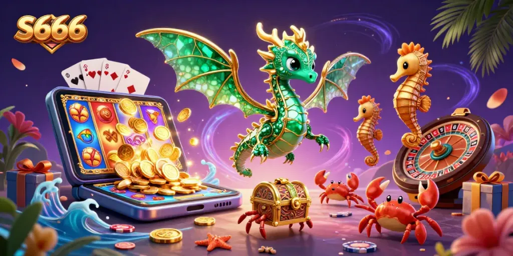 Engage with S666 through a vibrant underwater casino adventure featuring a sea dragon and exciting game elements.