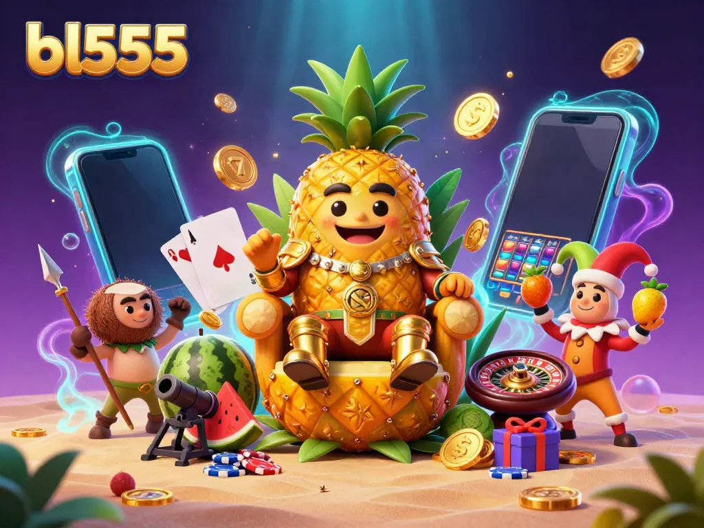 Join the fun at bl555 with a vibrant 3D casino scene featuring the golden pineapple king and engaging slot games.