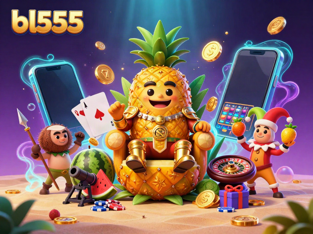 Join the fun at bl555 with a vibrant 3D casino scene featuring the golden pineapple king and engaging slot games.