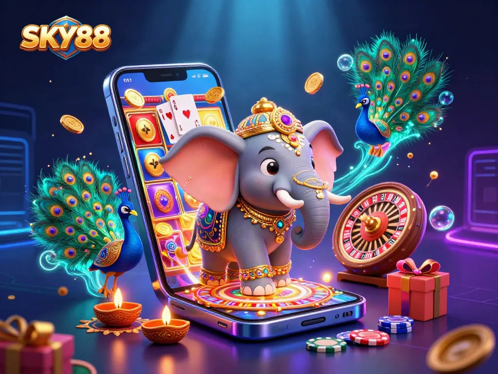 Engaging SKY88 gaming scene with colorful slots, dynamic casino elements, and vibrant characters.