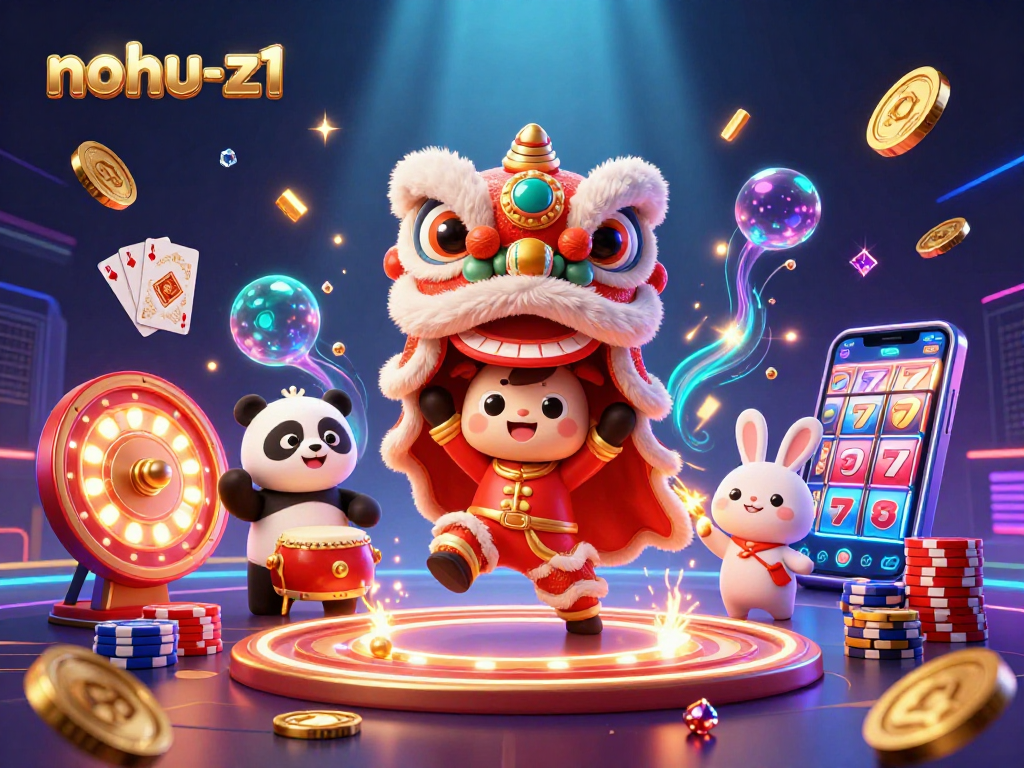 Nohu-z1 celebrates with a vibrant casino scene featuring lion dance, drumming panda, and dynamic gaming elements.