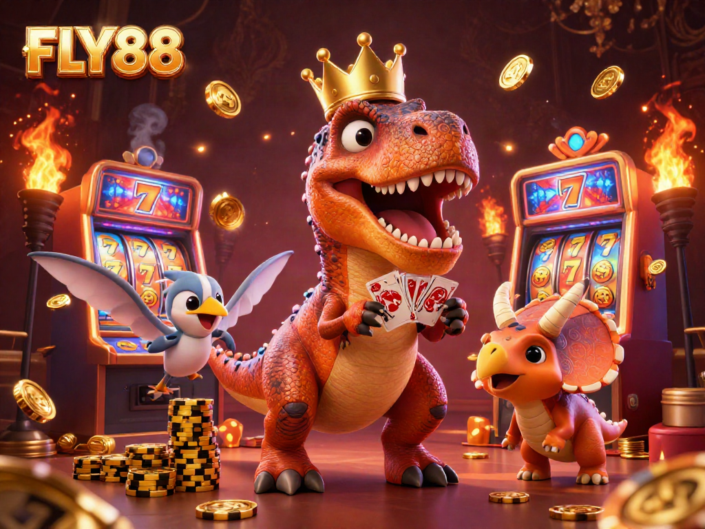 Experience thrilling moments at FLY88 with a colorful casino scene featuring characters and slot games.