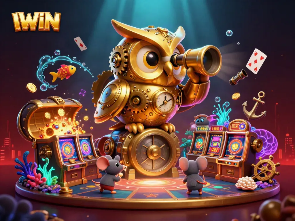 IWIN showcases a captivating casino scene with a golden owl and vibrant animated elements.