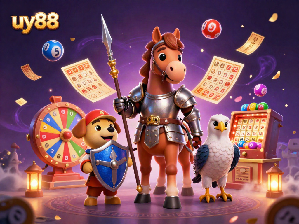 Experience the excitement of uy88 gaming with a knight, puppy, and falcon amidst colorful lottery elements.