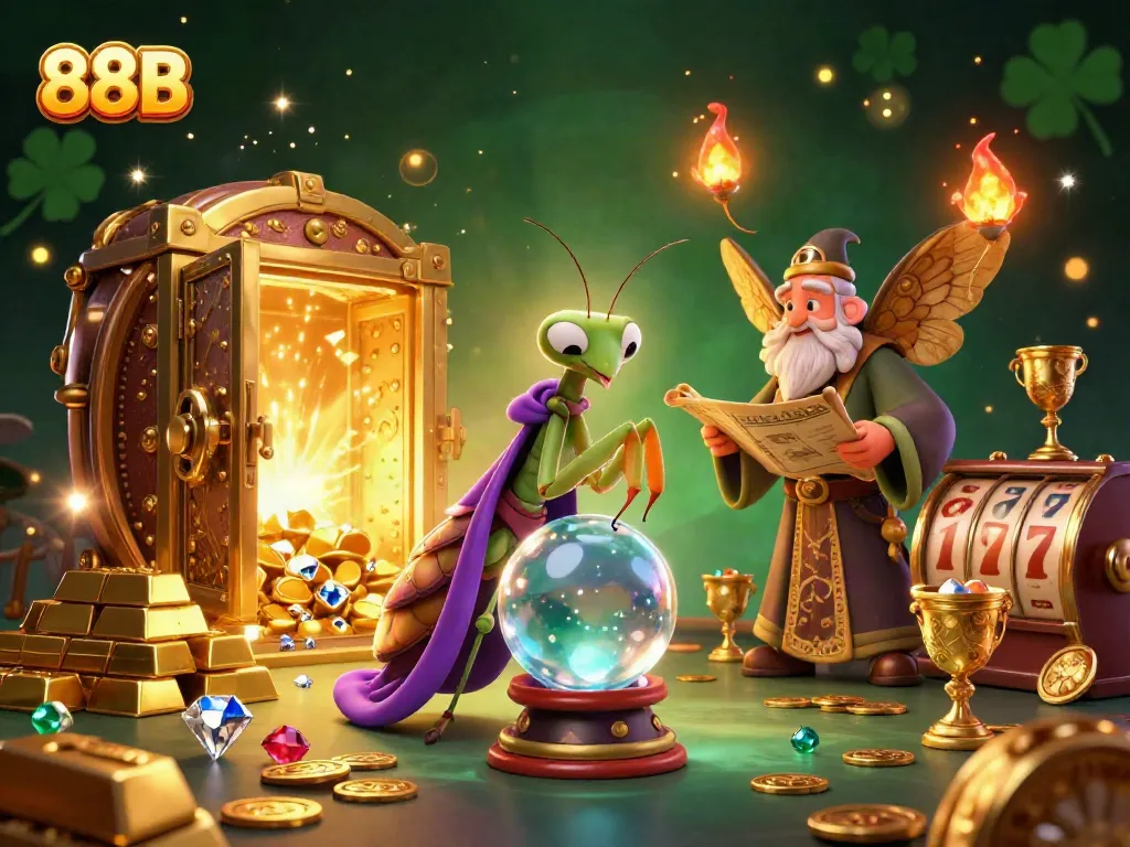 Engage with 88B's rich casino theme in a vibrant, mystical 3D scene filled with fortune and luck.