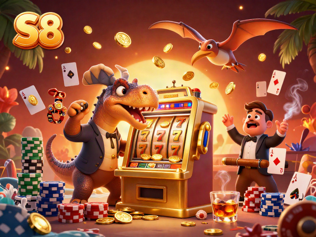 Experience excitement with S8, showcasing a dynamic casino scene featuring a dinosaur hitting a jackpot.