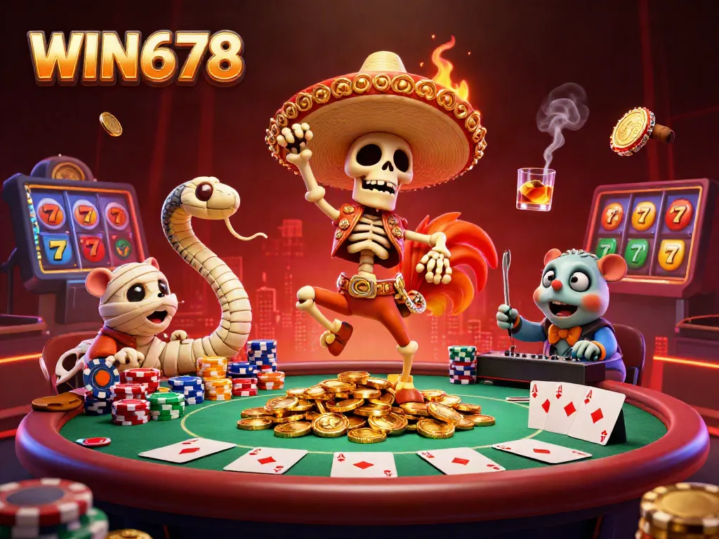 WIN678 showcases an exciting casino scene with lively characters celebrating a big win among colorful poker chips and cards.