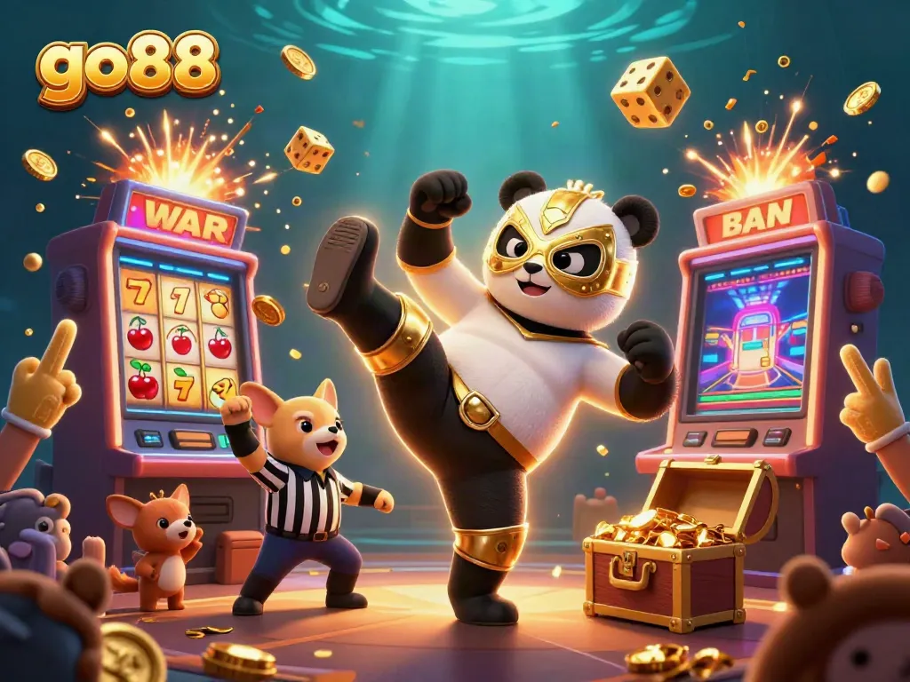 Go88 showcases exciting online gaming with a vibrant 3D casino scene featuring dynamic characters and jackpots.