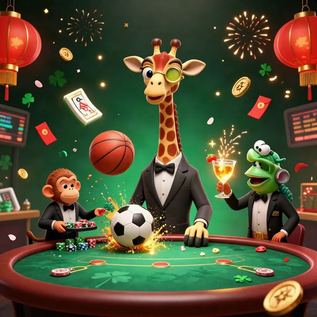 Giraffe, monkey and chameleon in a neon casino scene with balls, coins, lanterns and fireworks.