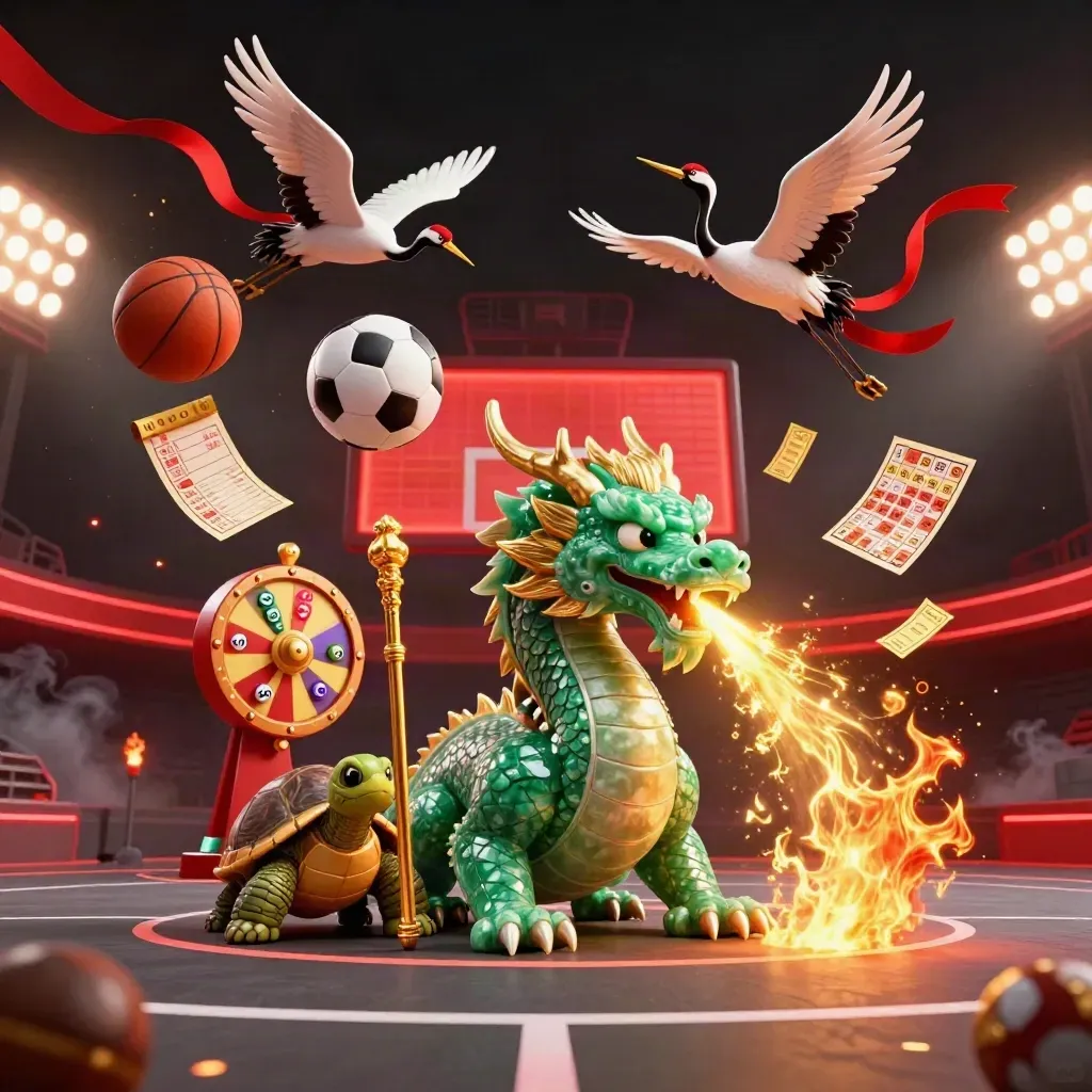 Emerald dragon, turtle sage, and cranes burst over a neon court with casino icons and flying balls.