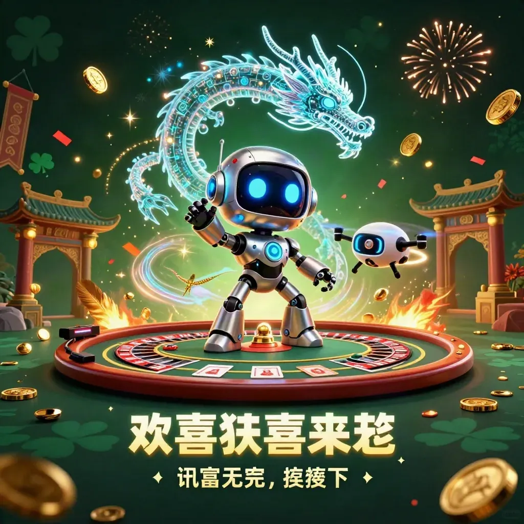 Robot mascot, AI dragon, and drone in a neon casino scene with roulette and gold effects.