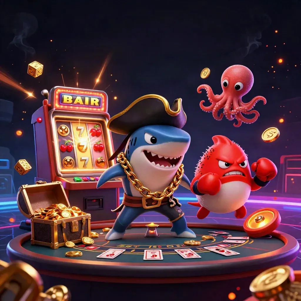 Pirate shark, boxing pufferfish, and juggling octopus amid casino explosion and gold