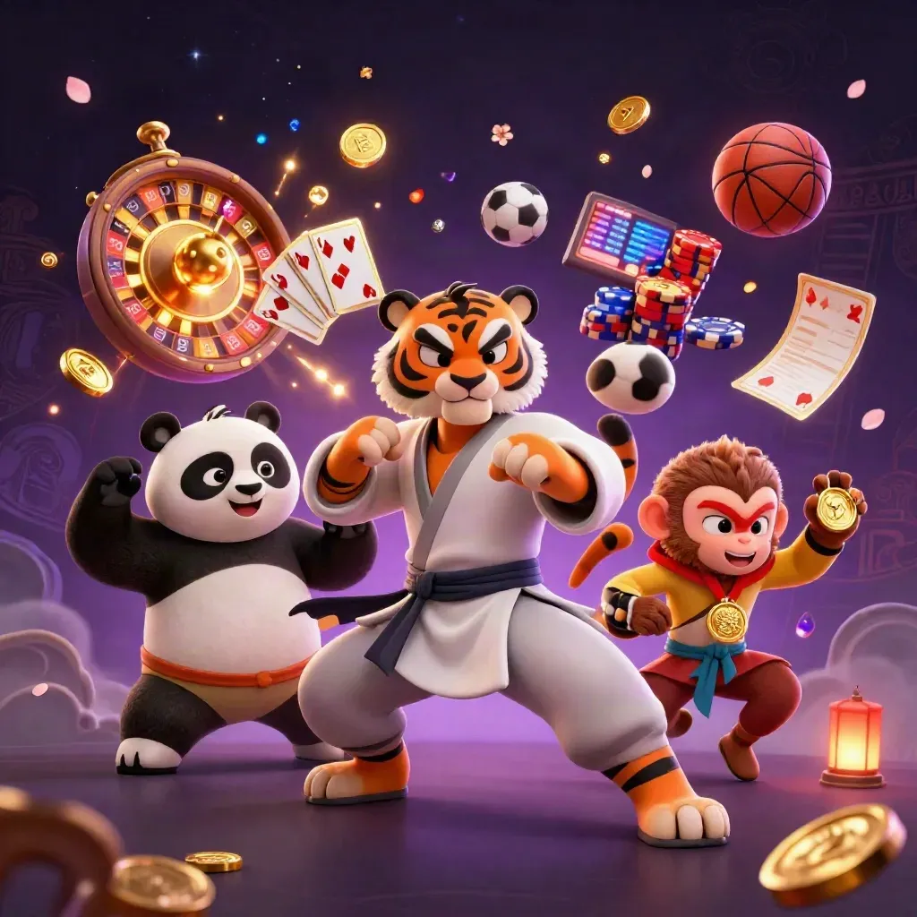 Kung-fu tiger, panda, and monkey amid casino loot, neon energy, and floating chips