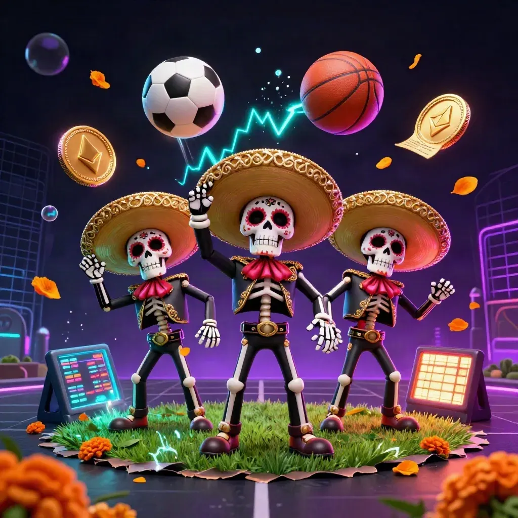 Skeleton mariachi trio frames a frozen soccer strike amid neon casino coins and electric haze.