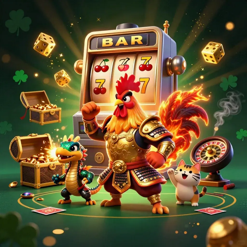 Rooster samurai, spark-breathing dragon hatchling, and lucky cat in a glowing casino fantasy scene.