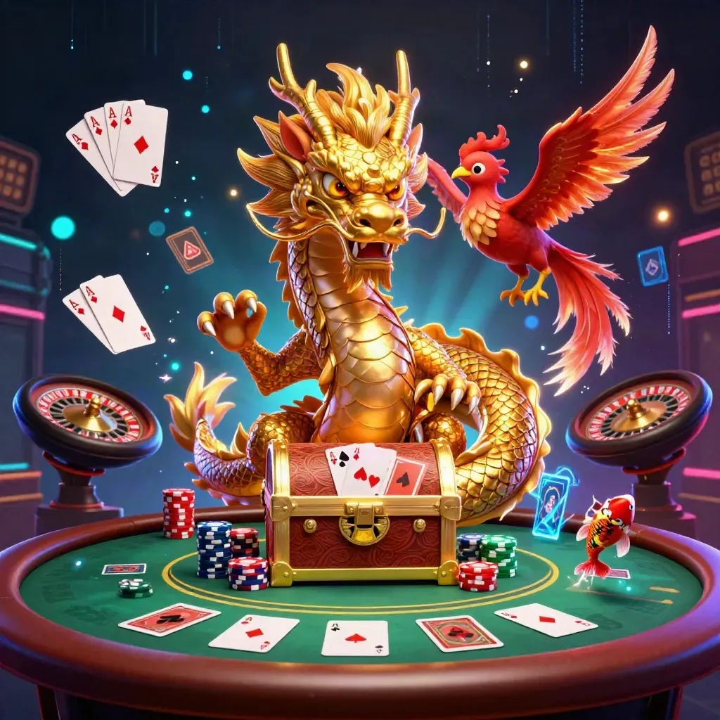 Golden dragon with phoenix and koi amid casino table, chips, cards, roulette wheel, and neon effects.