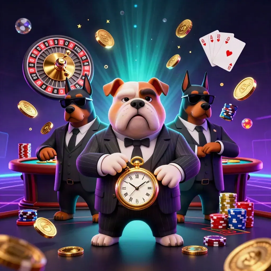 Bulldog boss and Doberman guards amid casino gold, roulette spin, neon smoke.