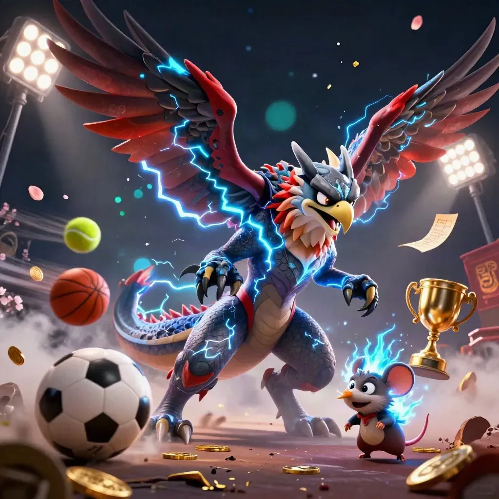 Thunder dragon, wind hawk, and static mouse amid flying sports balls, coins, and floodlit smoke.