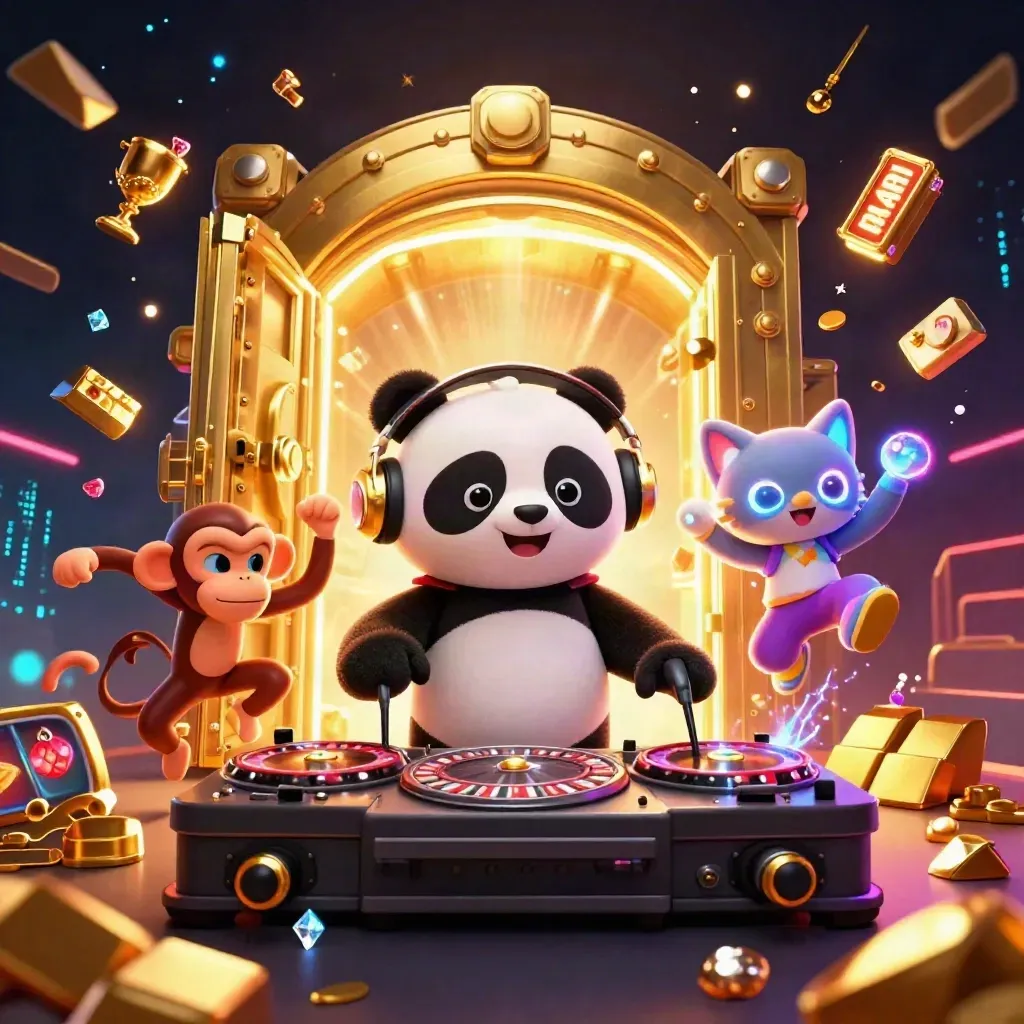 Panda DJ, dancing monkey, and rave kitten amid gold vault burst, gems, reels, and neon casino energy