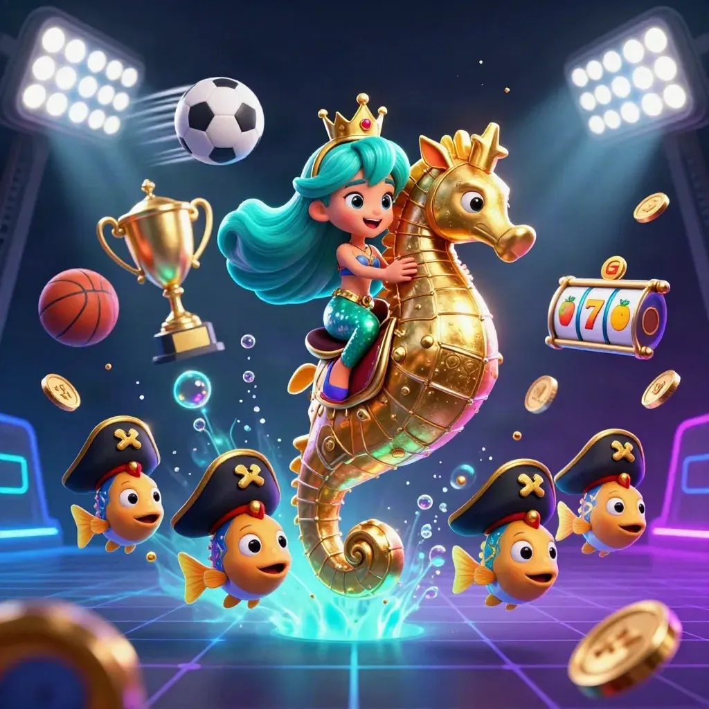 Mermaid princess and armored seahorse amid fish, coins, trophy and neon casino chaos