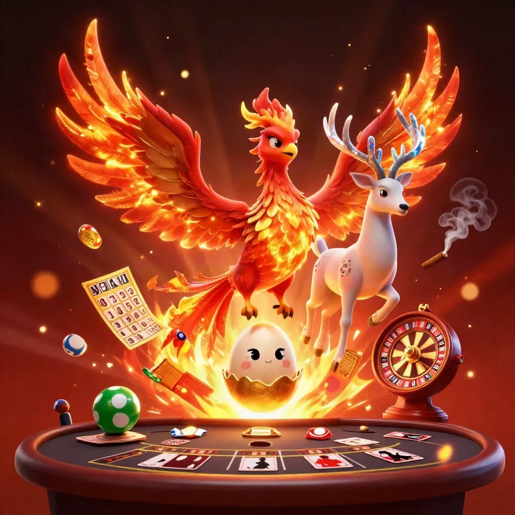 Phoenix, baby phoenix, and crystalline stag in a glowing neon casino fantasy scene.
