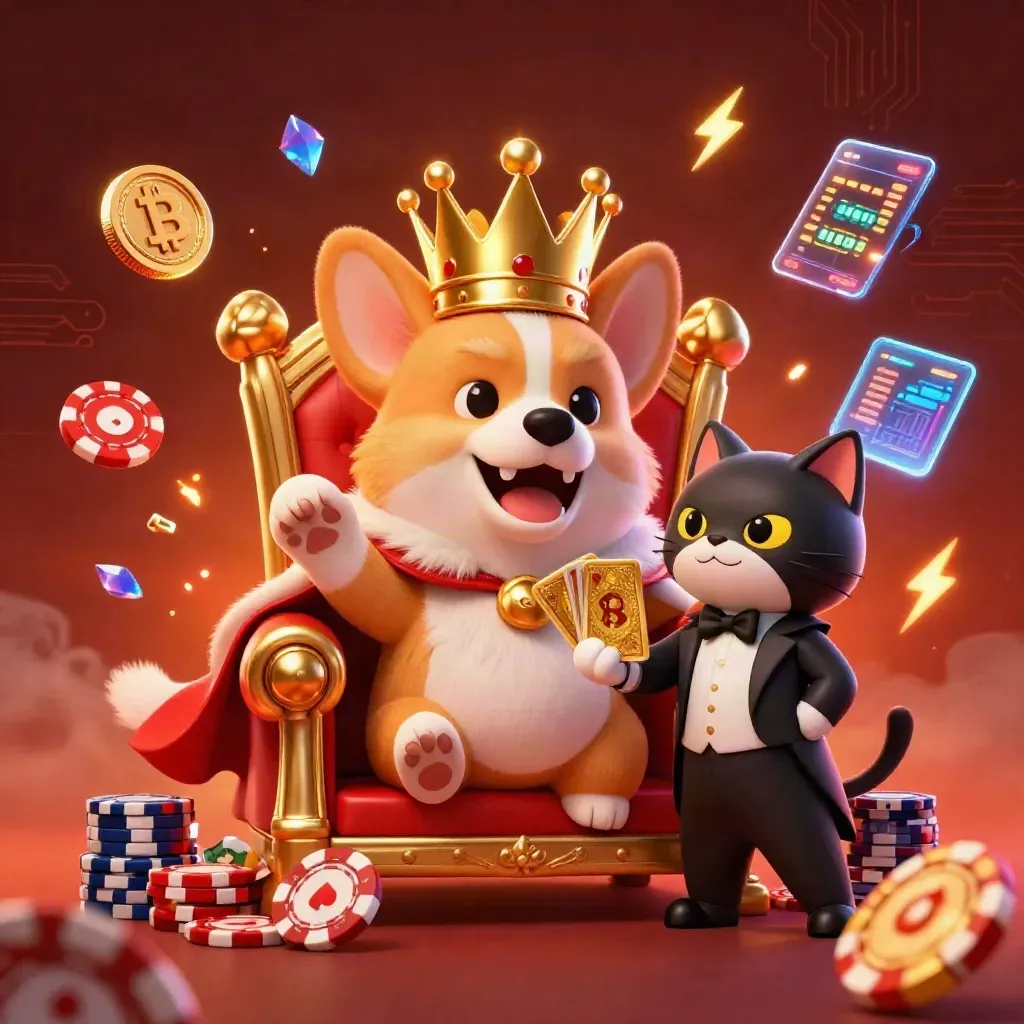 Royal corgi king and cat butler amid casino chips, coins, lightning, embers, and treasure