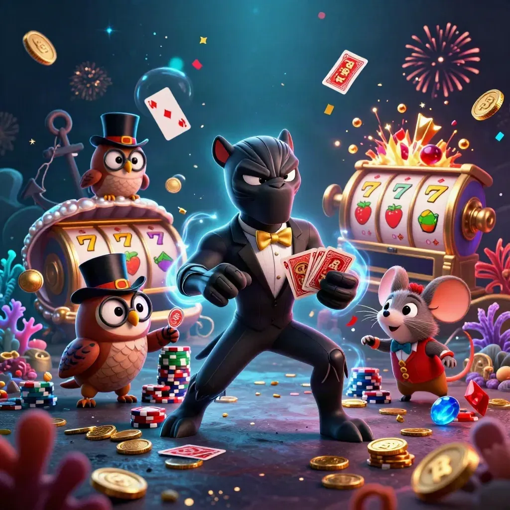 Panther dealer, owl, and mouse amid underwater treasure, cards, coins, and neon casino magic.