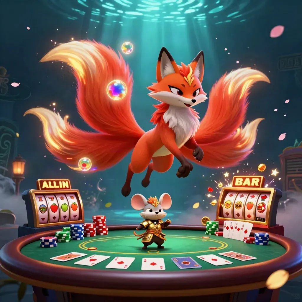 Nine-tailed fox spirit and armored mouse amid casino chips, cards, and neon underwater light.