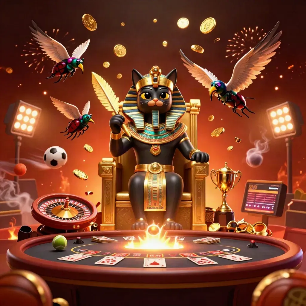 Pharaoh cat, ibis scribe, scarabs, coins, sports balls, roulette wheel, cards, fireworks in a casino blast.