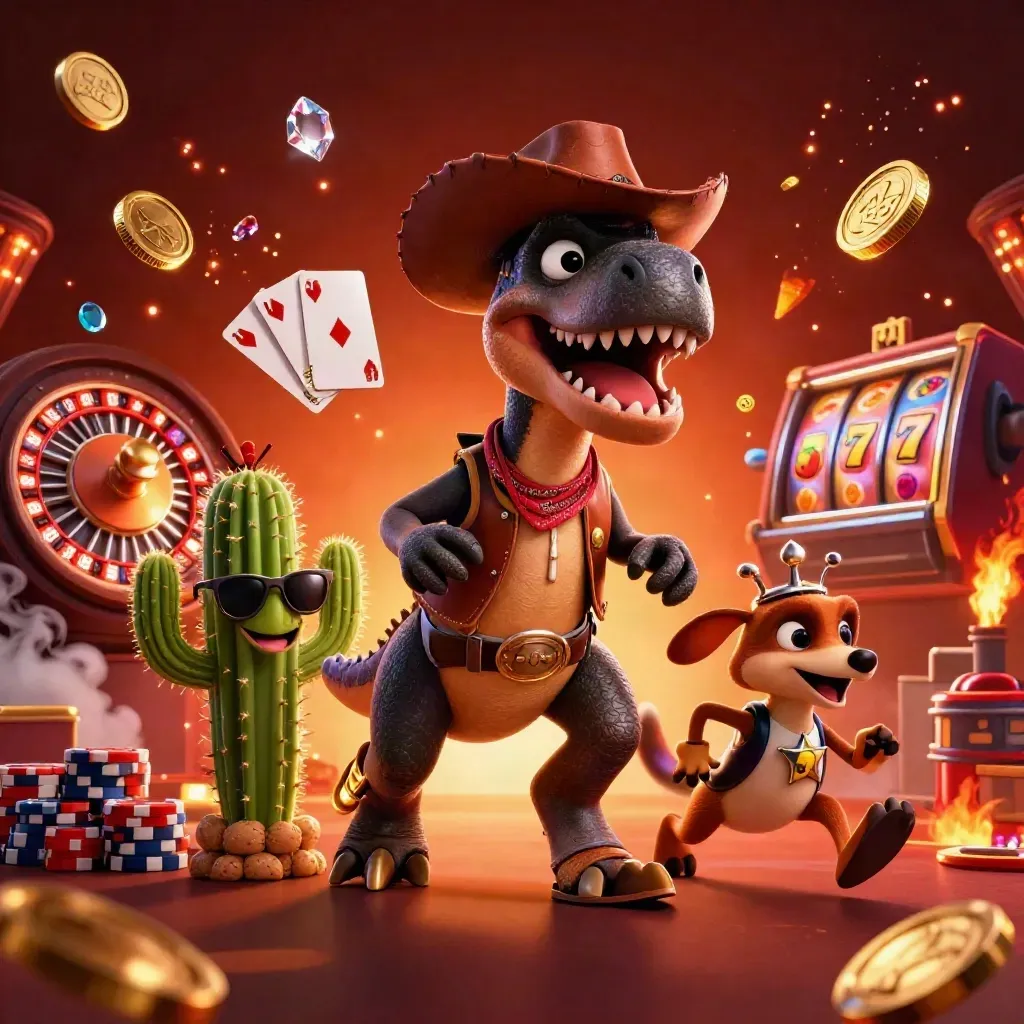 Cowboy T-Rex, cactus sidekick, and roadrunner amid casino coins, chips, cards, and roulette firelight