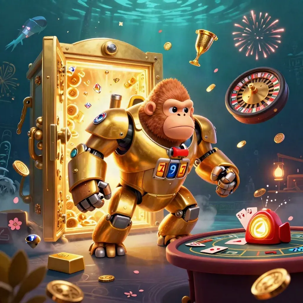 Golden gorilla mech with monkey pilot bursts from a vault amid coins, gems, roulette, and casino cards