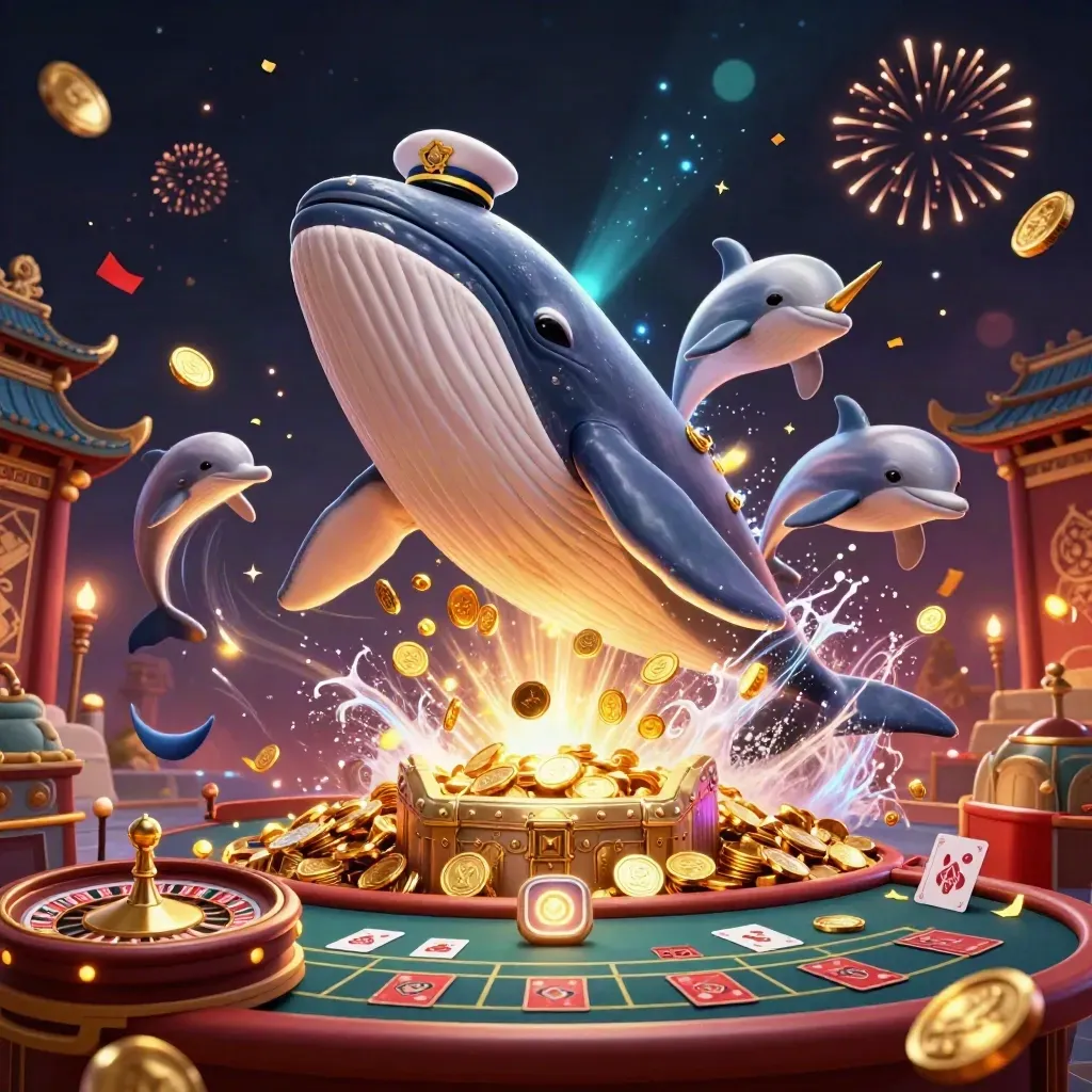 Whale captain, narwhal, and dolphins amid gold coins, casino props, fireworks, and neon dark luxury.