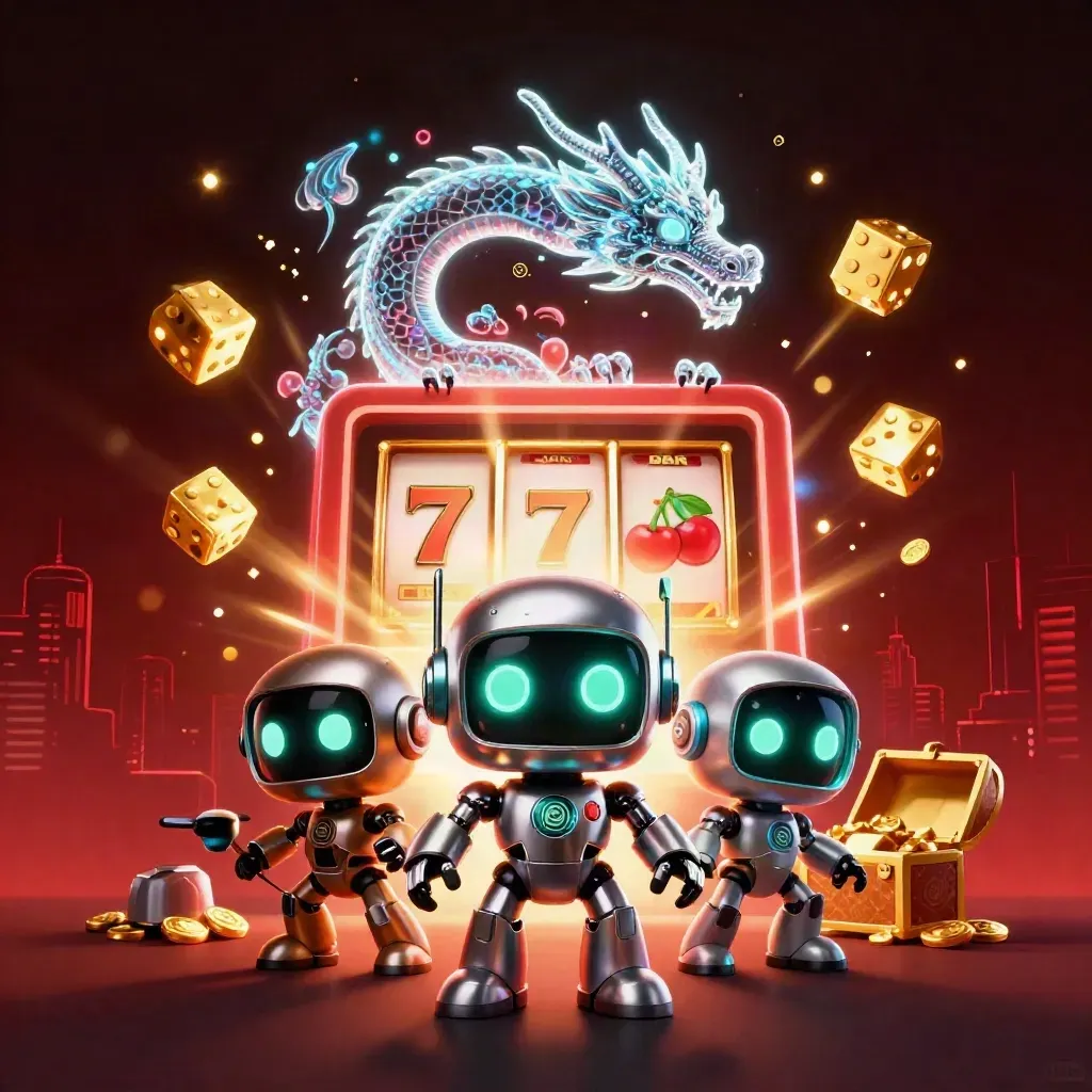 Cyberpunk robot, holographic dragon, and coin drone amid exploding slot symbols and gold.