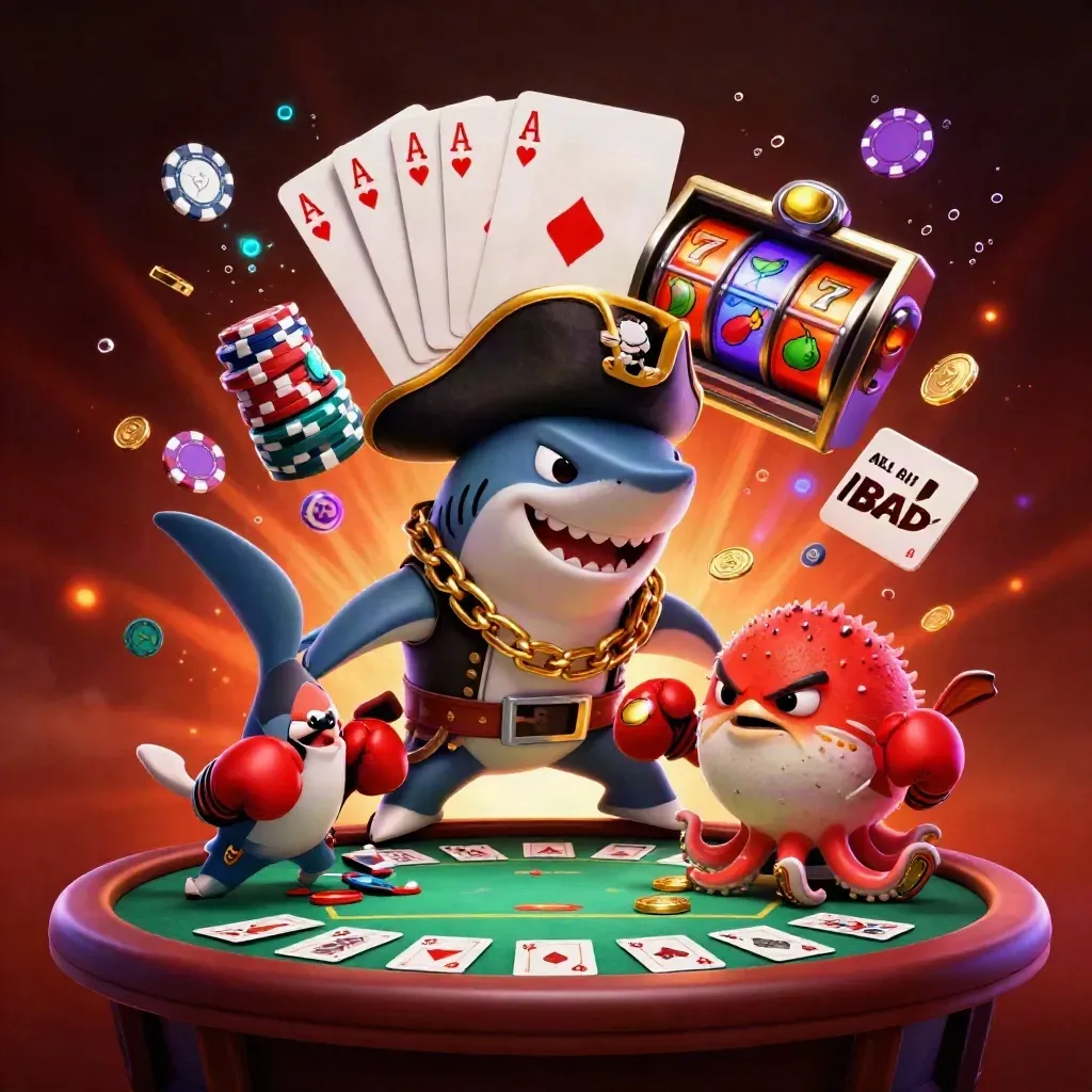 Pirate shark, boxing pufferfish, and coin-juggling octopus amid poker chips, reels, and glowing casino effects