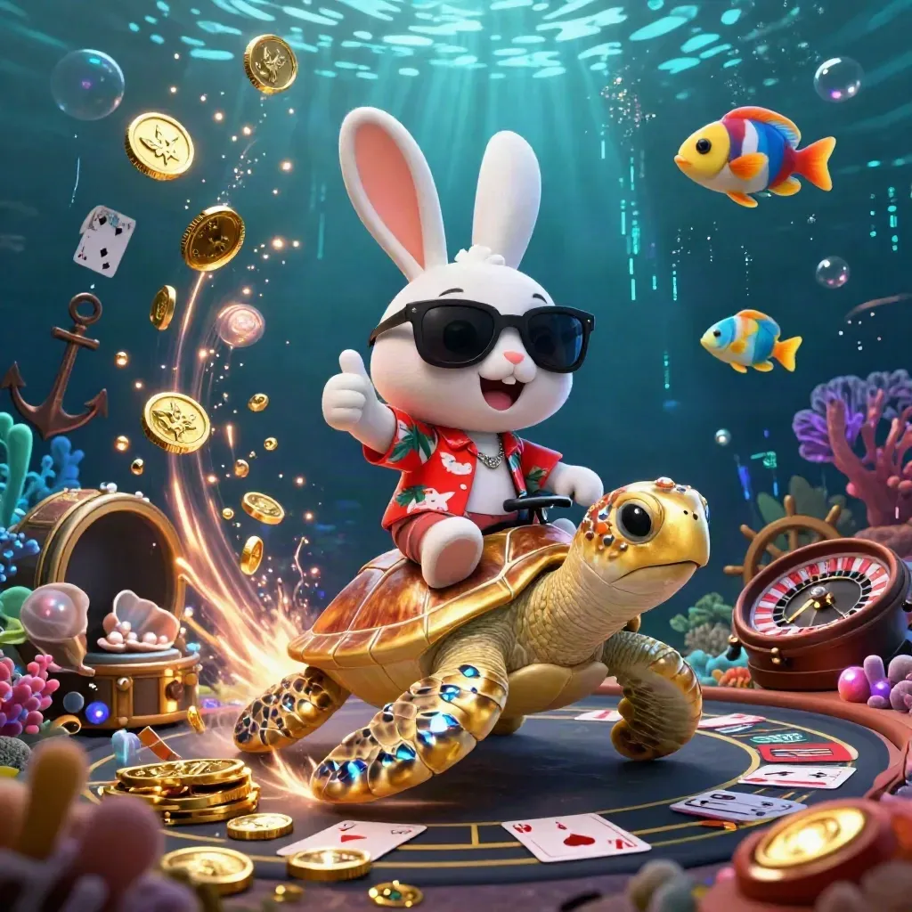 Rabbit rides a jeweled sea turtle through a coin-filled underwater casino treasure cove.